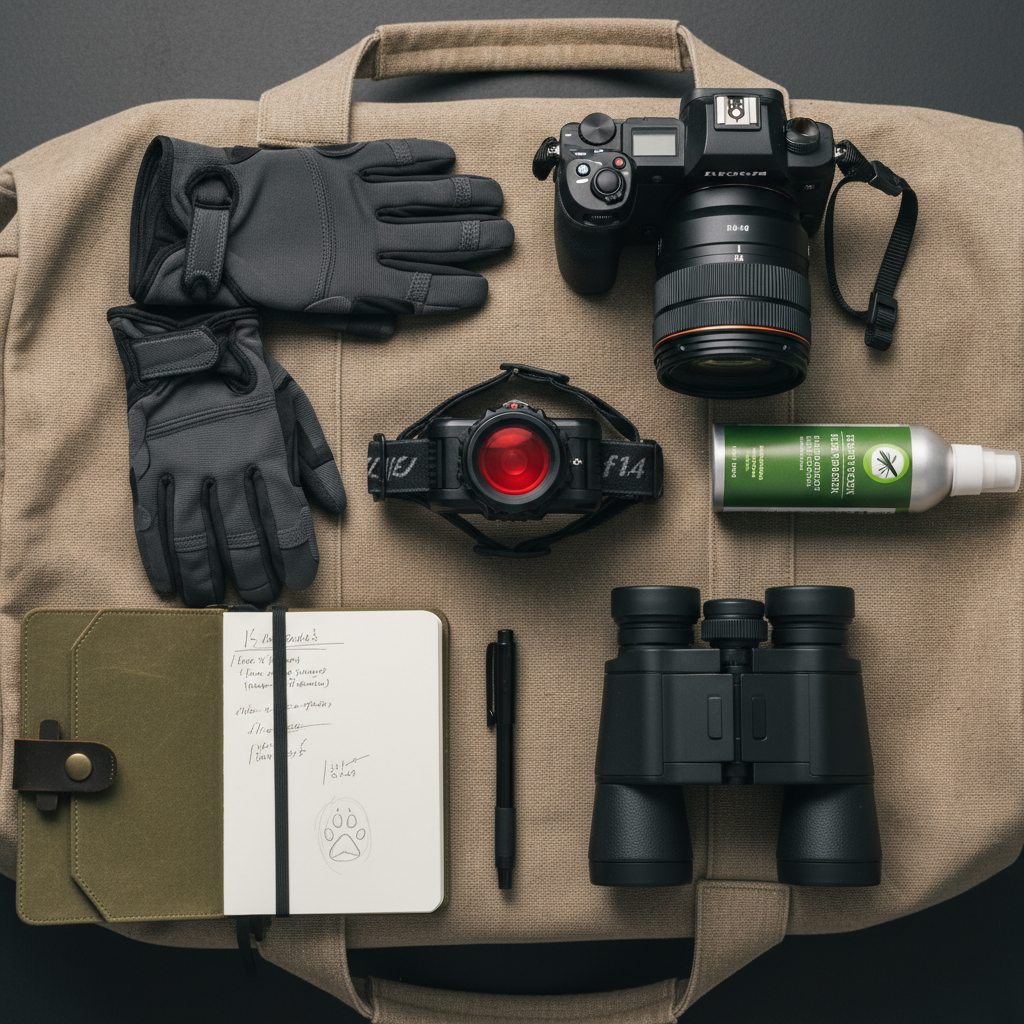 Red light flashlight and binoculars for night safari packing