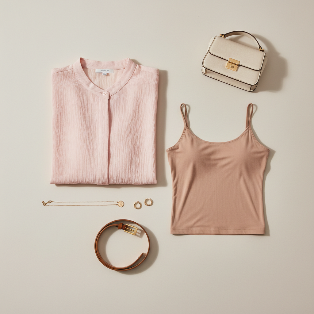 Flat lay of chiffon blouse outfit essentials including nude camisole, belt, and structured bag