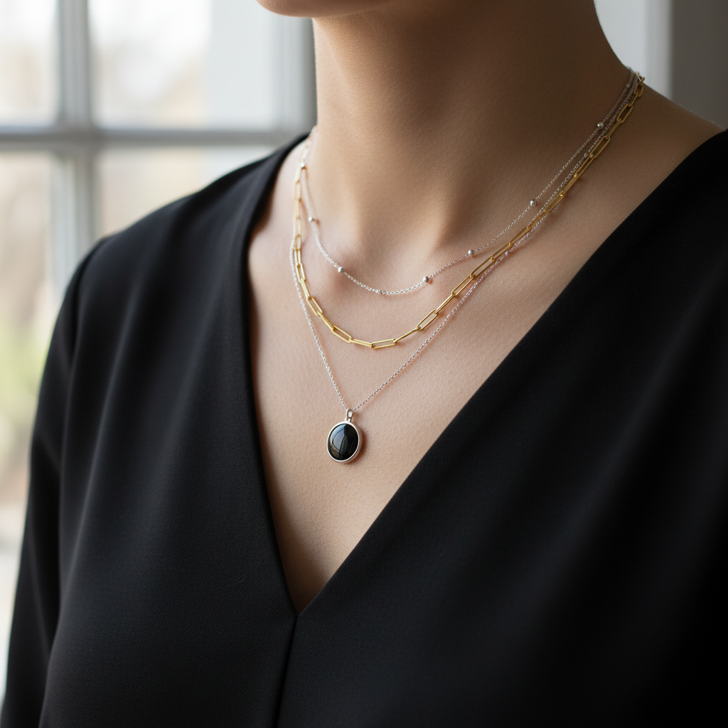 Layered chain necklaces in different lengths styled with a V-neck black top