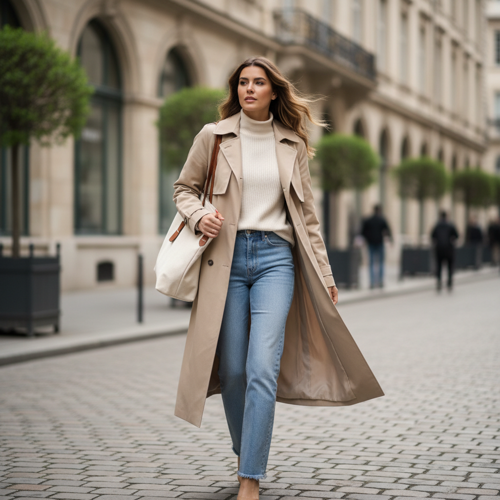 Woman wearing a light trench coat layered over knit and jeans for fall-to-spring transitional weather