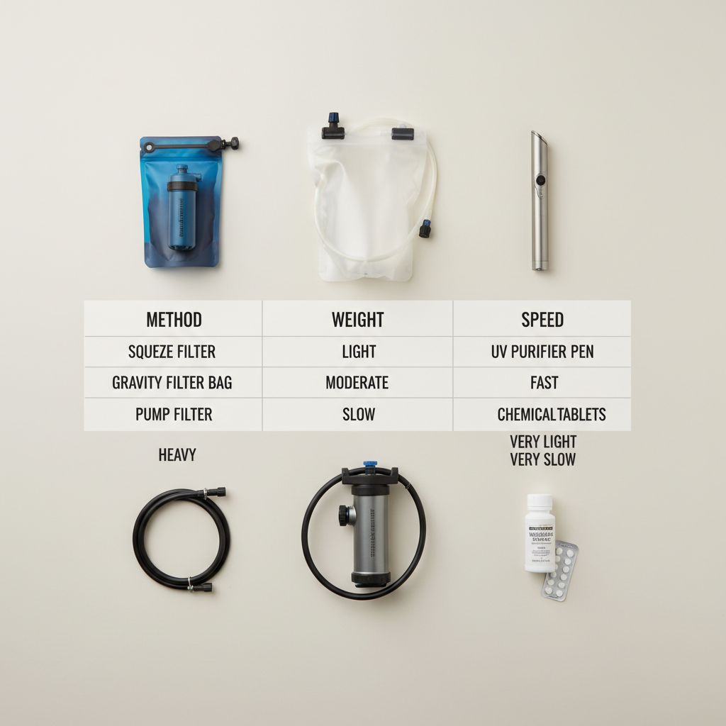Comparison table concept for portable water filter travel options for trekking