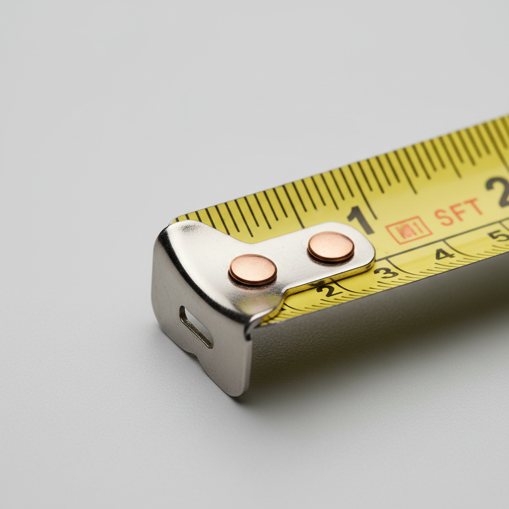 Close-up of tape measure hook play and rivets affecting measurement accuracy