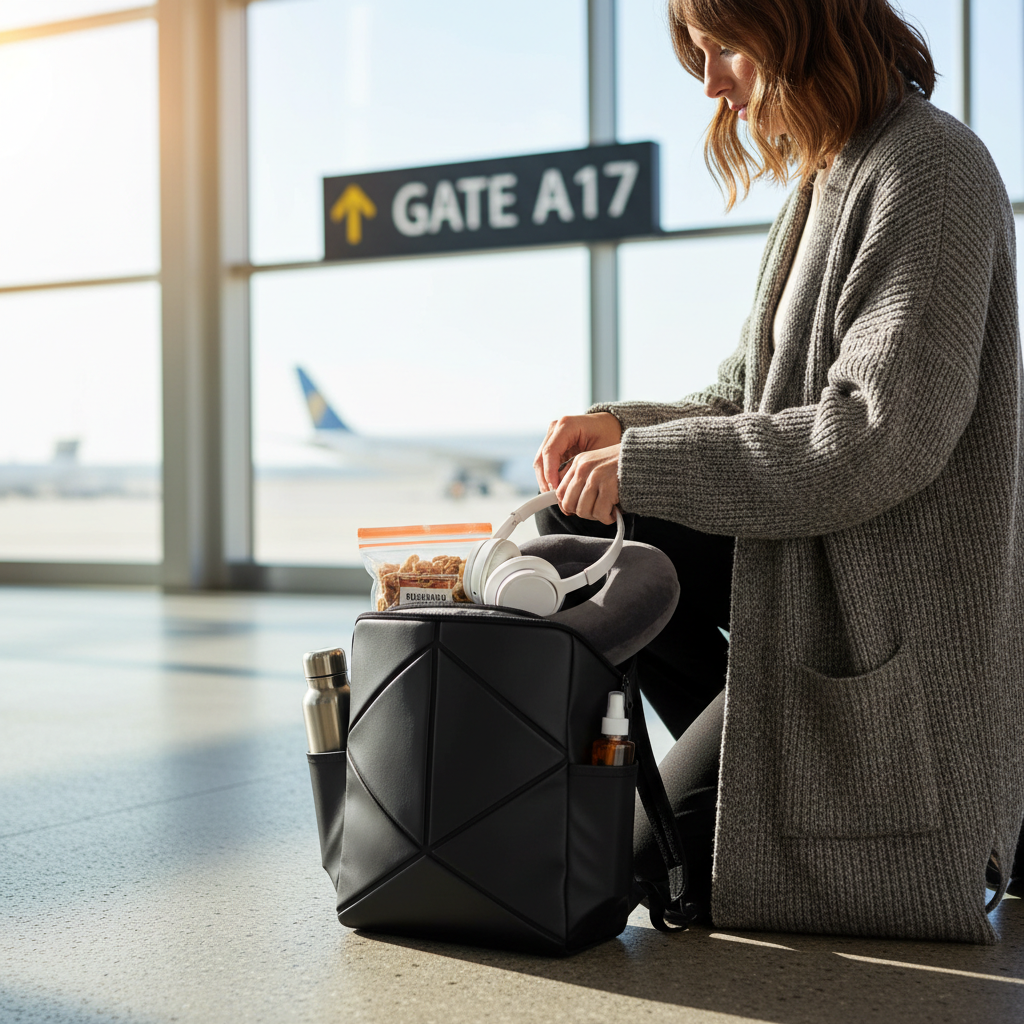 Passenger organizing a compact personal item bag for a short haul flight