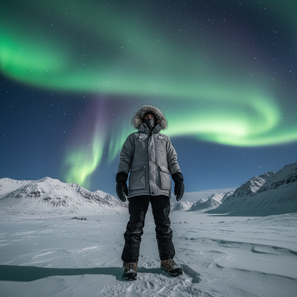 Traveler dressed for Arctic northern lights viewing with parka, insulated pants, boots, and mittens