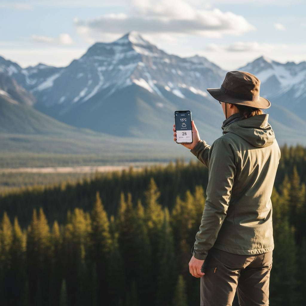Traveler checking mountain weather and air quality forecast on a phone