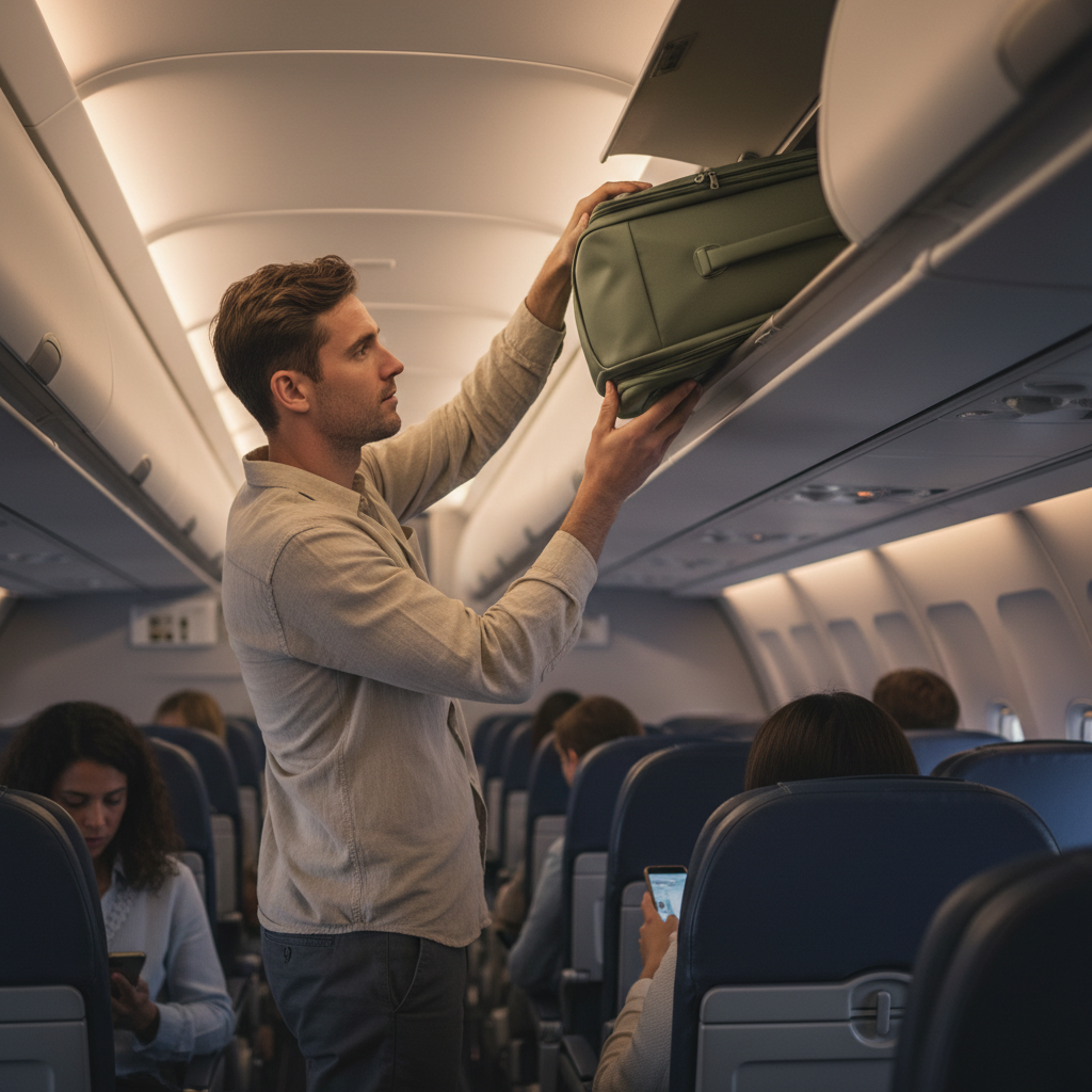 Flexible soft shell carry-on suitcase fitting into an overhead bin