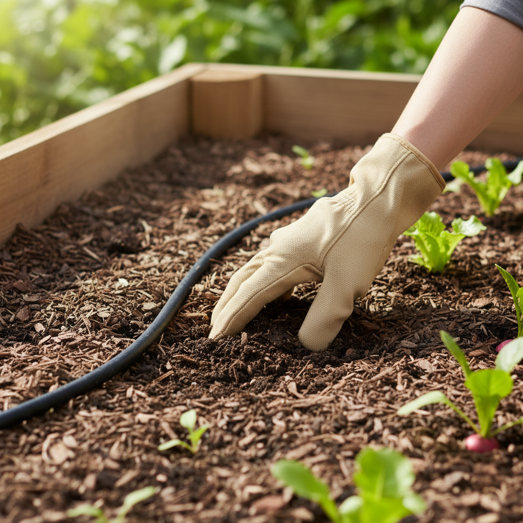 Gardener checking soil moisture depth next to a soaker hose in a garden bed