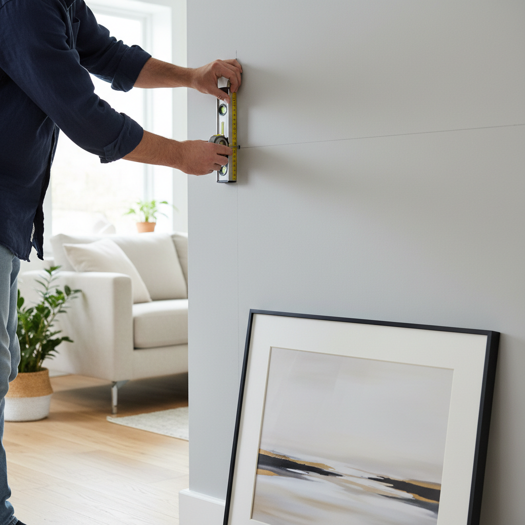 Person measuring and leveling a picture frame on a wall before installing hooks