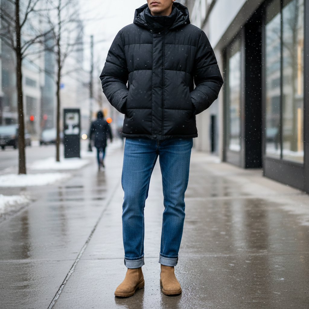 Street style winter outfit with a puffer jacket, straight-leg jeans, and ankle boots