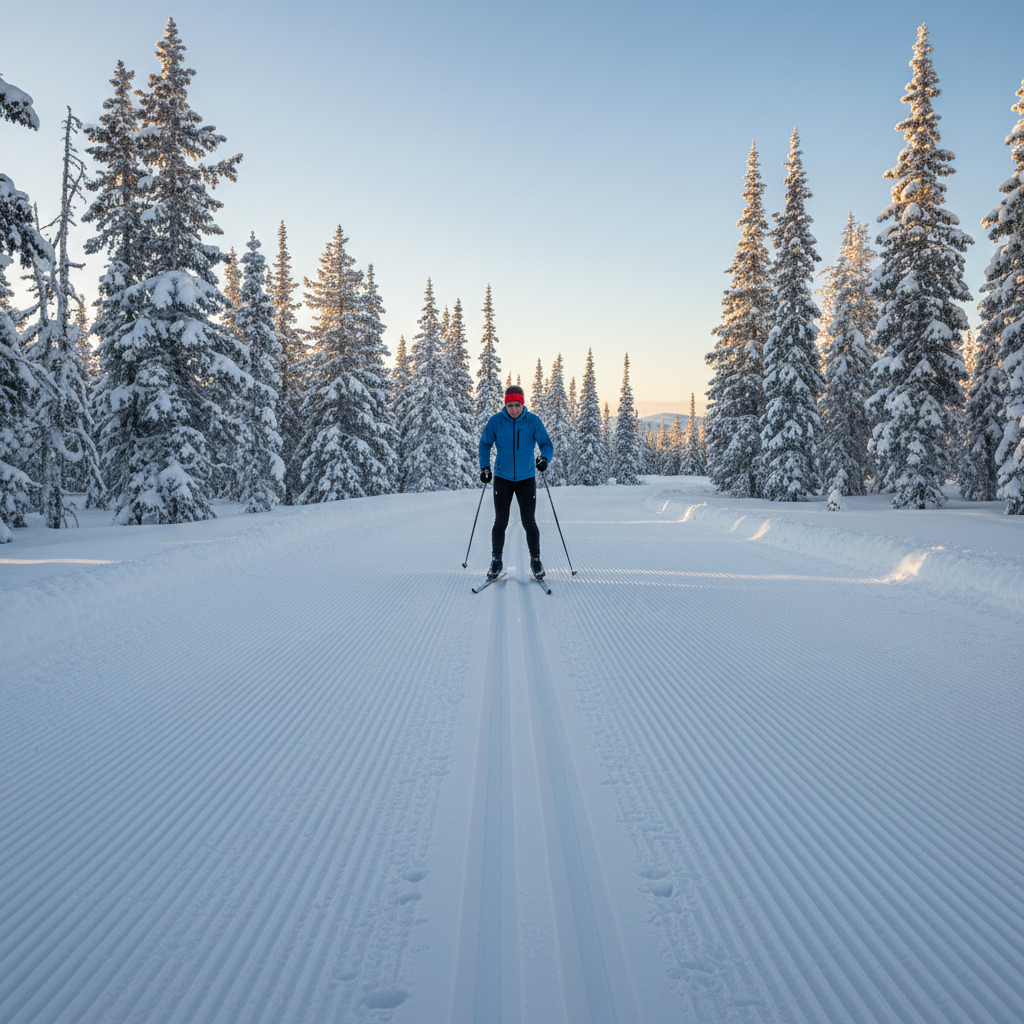 Cross country skiing on groomed Nordic trails in a snowy mountain resort