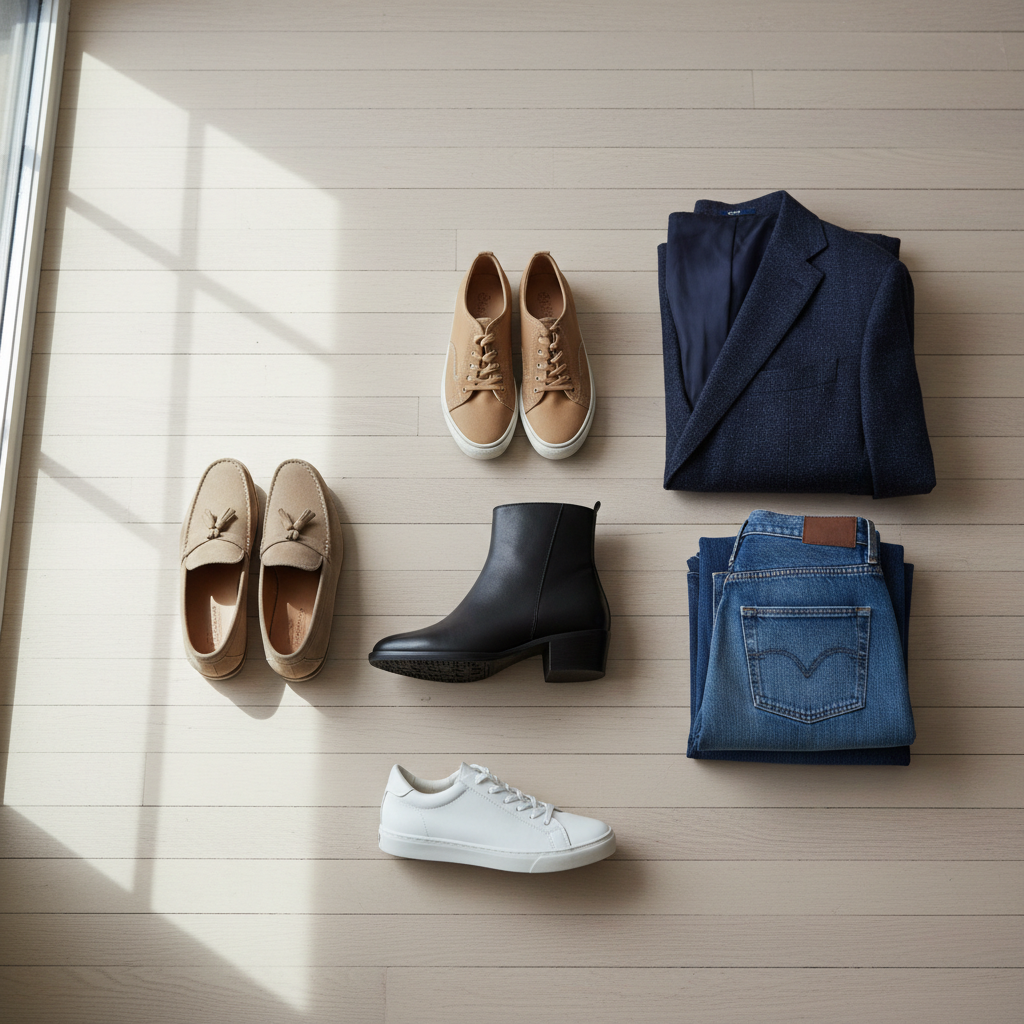 Neutral shoes in beige, tan, black, and white paired with jeans and a blazer