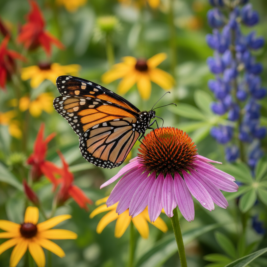 Close-up of a butterfly feeding on flowers in a native pollinator garden