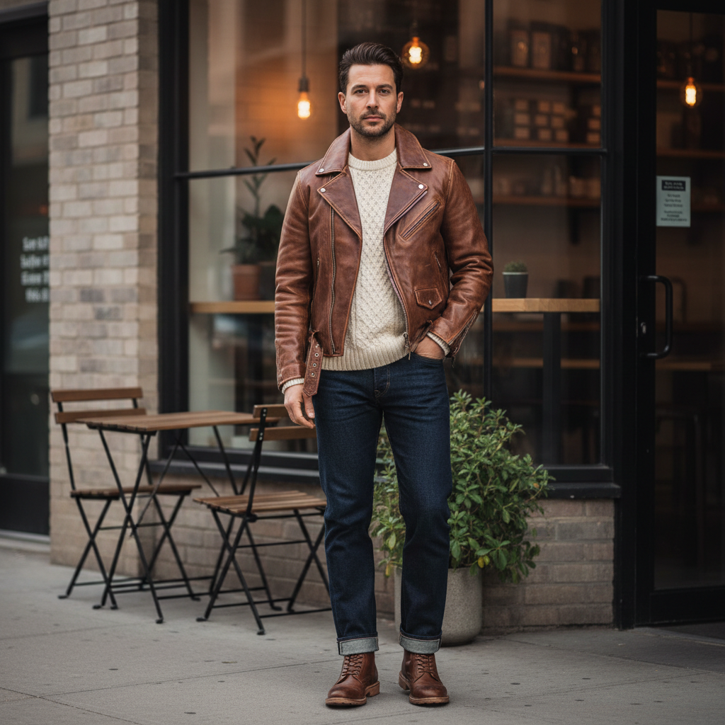 Brown leather jacket outfit with cream knit sweater and dark denim