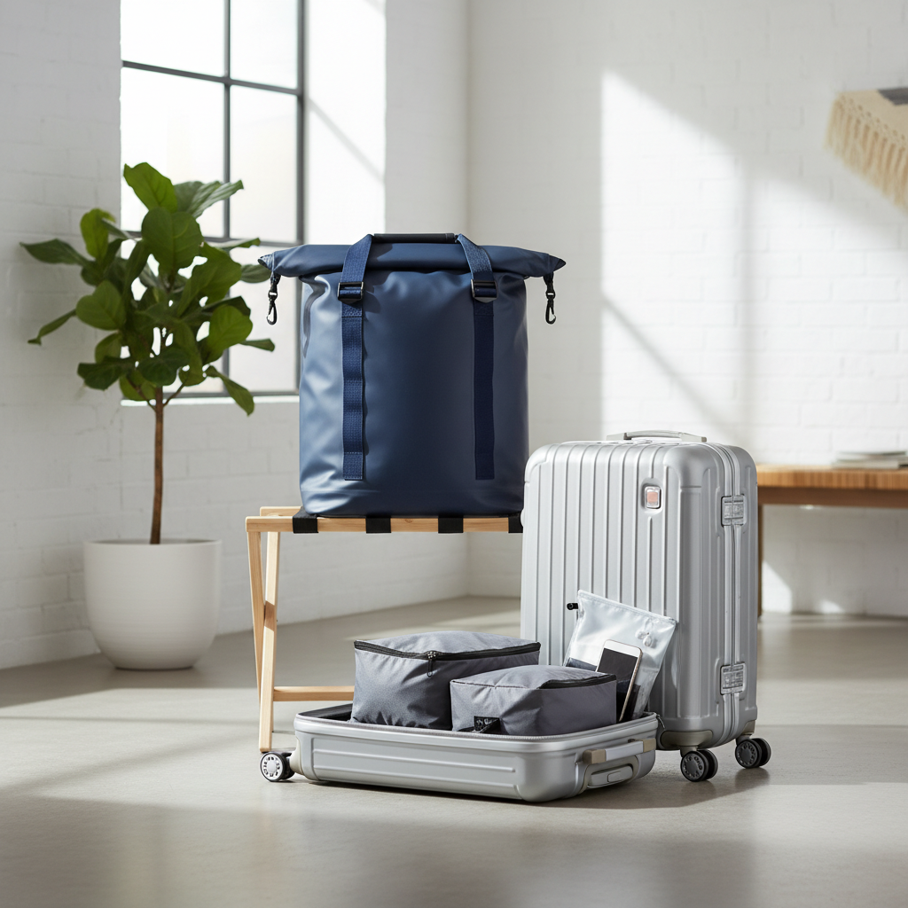 Travel-ready waterproof beach bag next to carry-on luggage with packing cubes