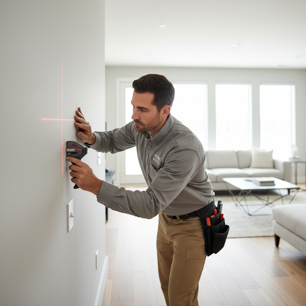 Contractor checking wall for wiring before drilling near an outlet using a stud finder with laser mark