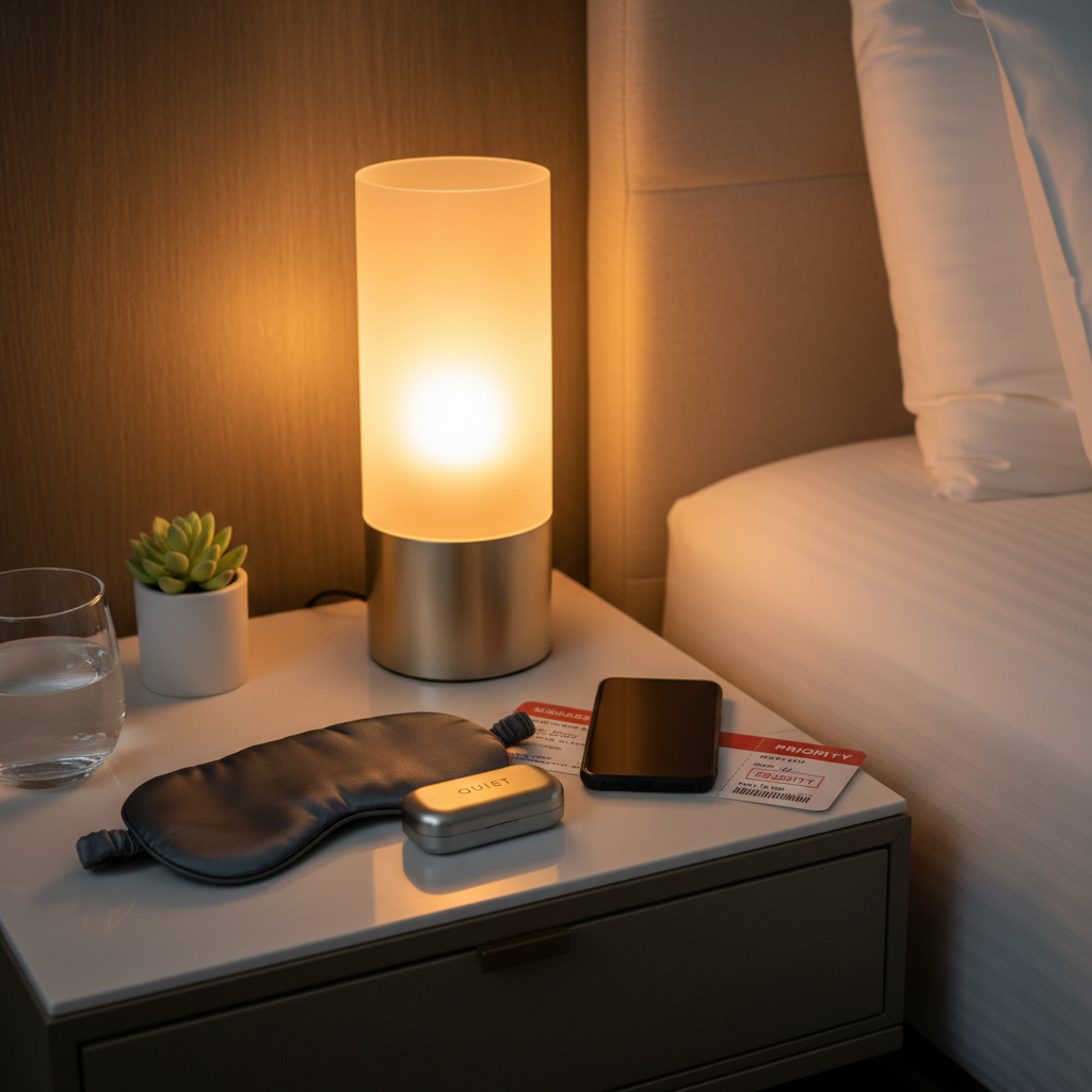 Hotel bedside table with earplugs case eye mask and travel essentials