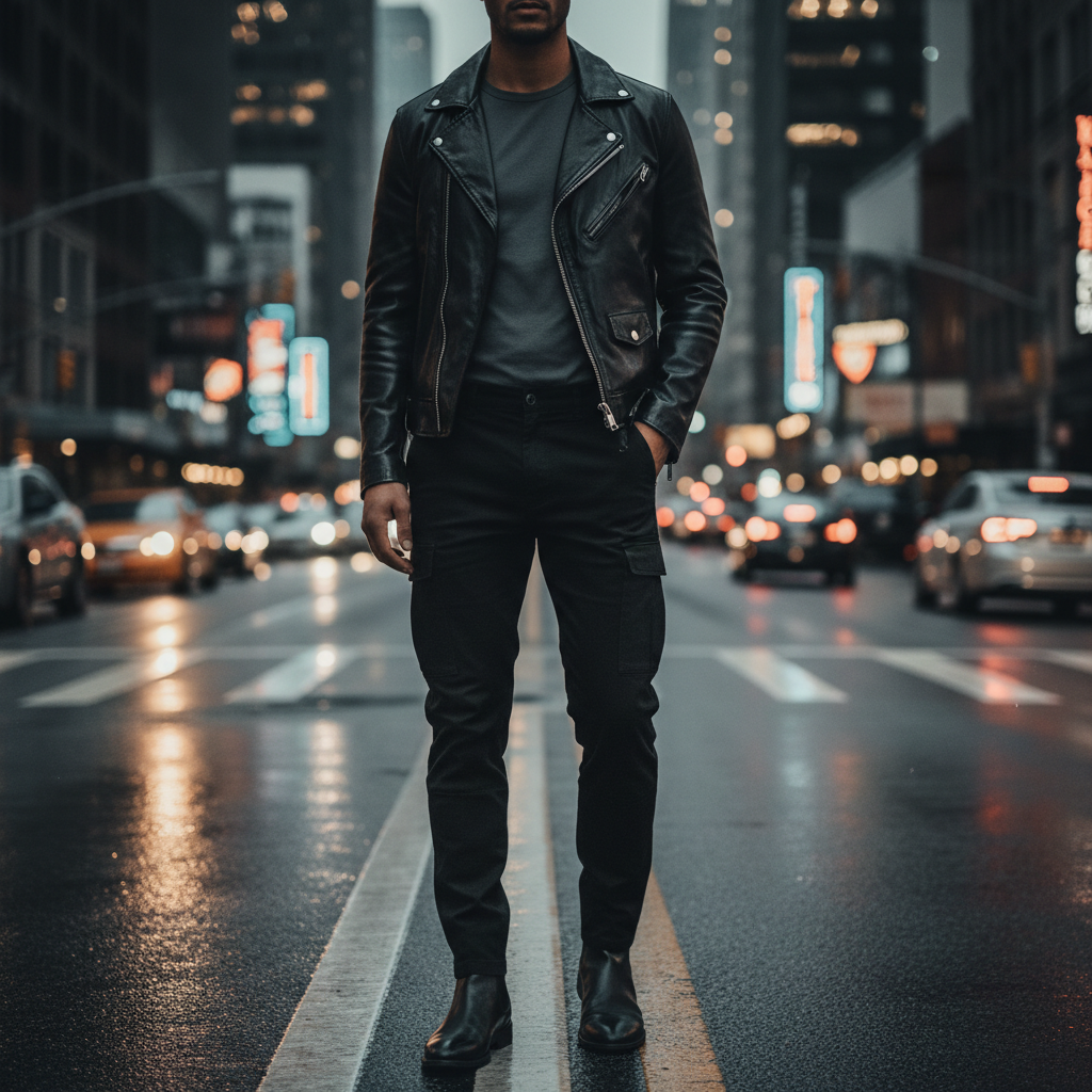 Night street style look with tapered cargo pants and leather jacket
