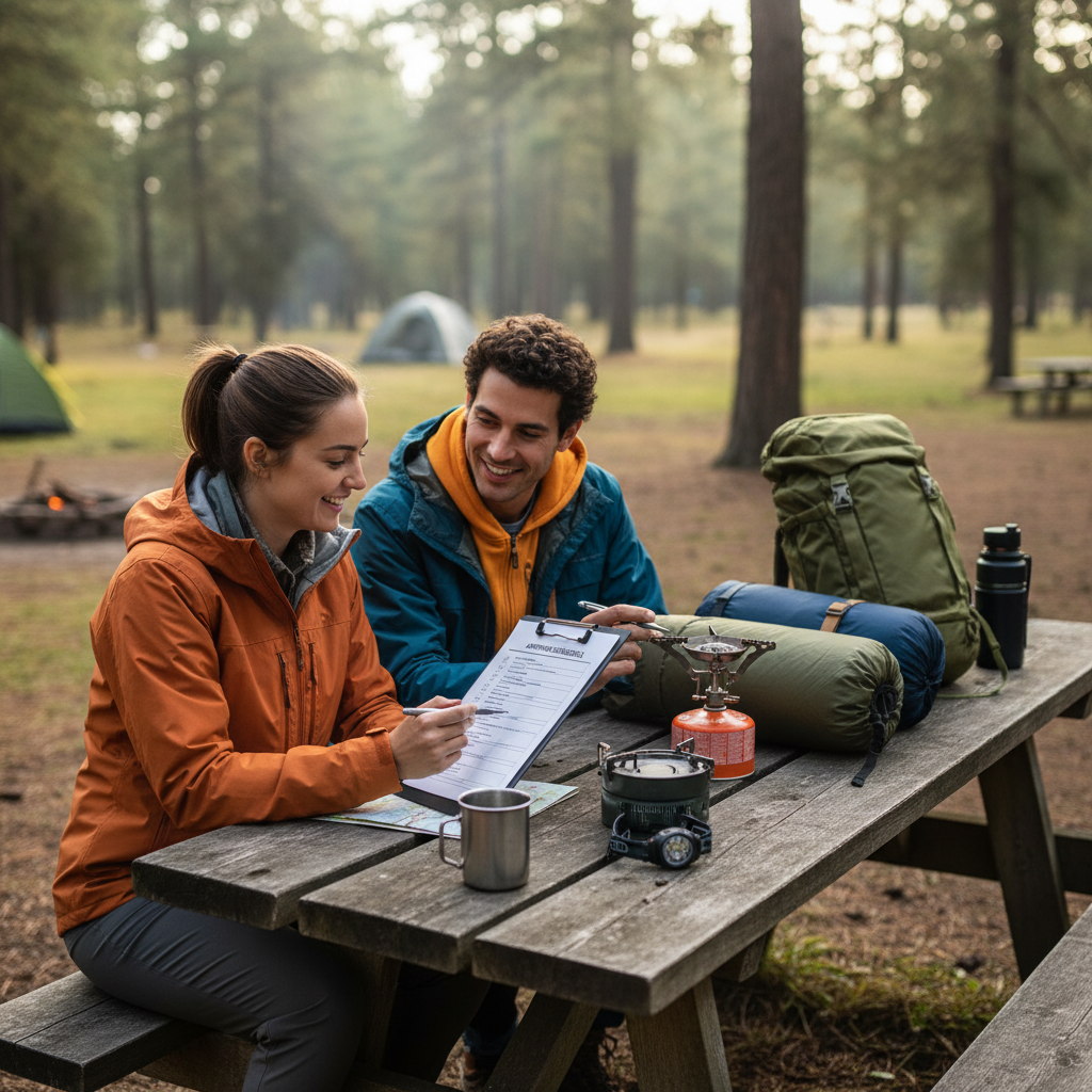 Campers reviewing a camping gear checklist next to organized gear