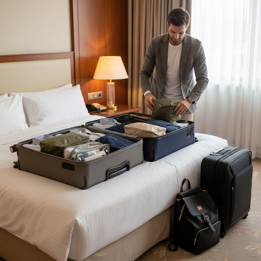 Traveler repacking items on a bed with two suitcases and a carry-on to balance weight