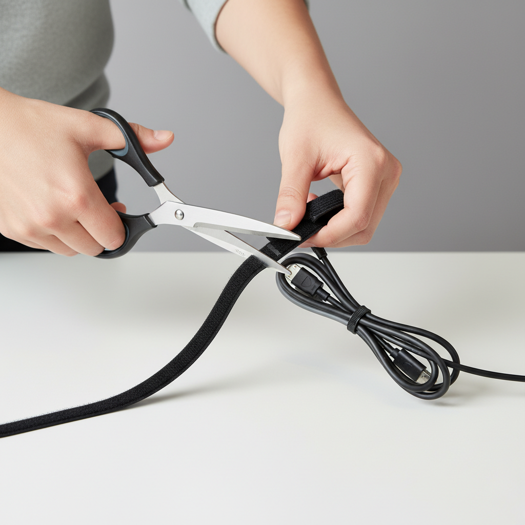 Step-by-step cutting and wrapping a hook and loop cable tie roll around a cable bundle