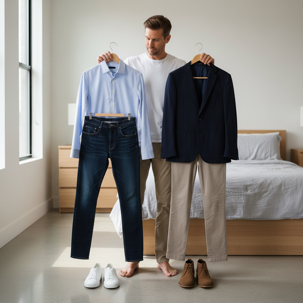 Man choosing between casual and smart casual outfits from wardrobe essentials