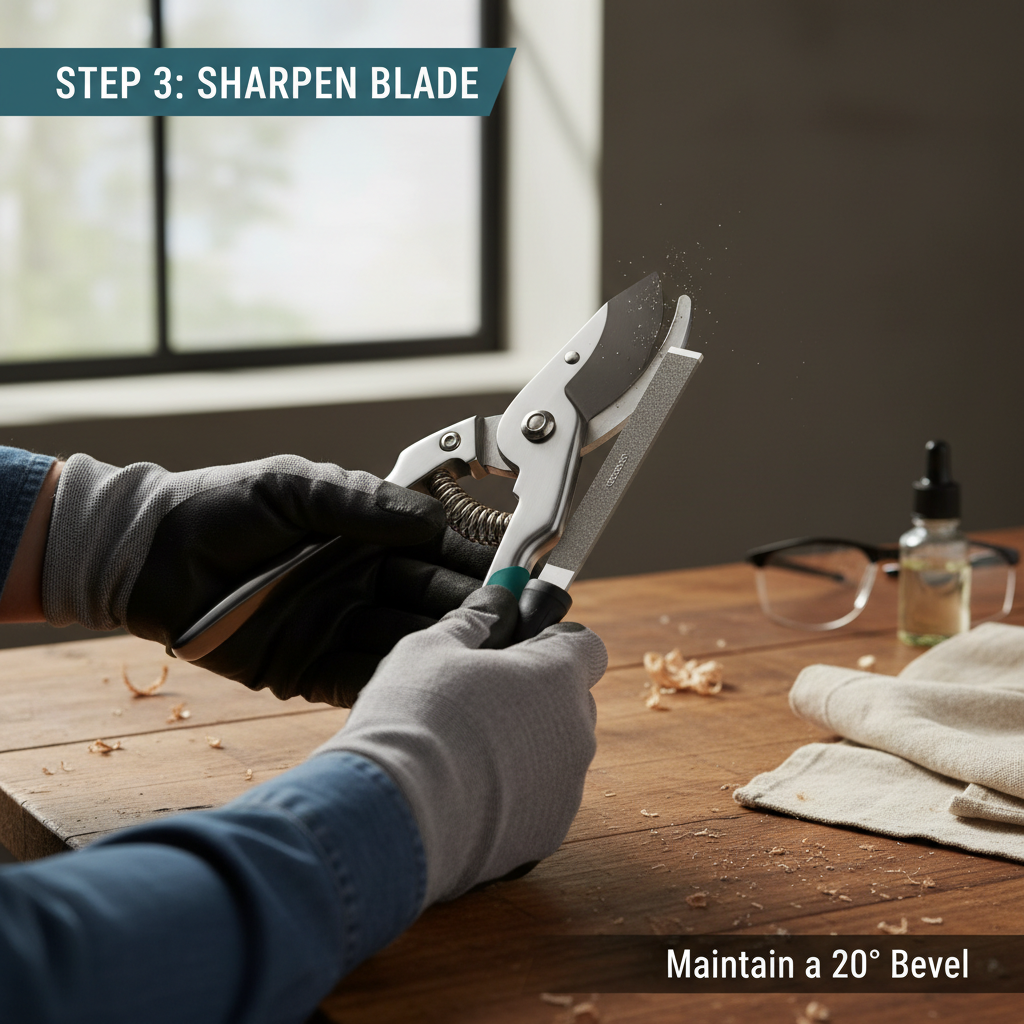 Sharpening pruning shears blade with a hand file at the correct bevel angle