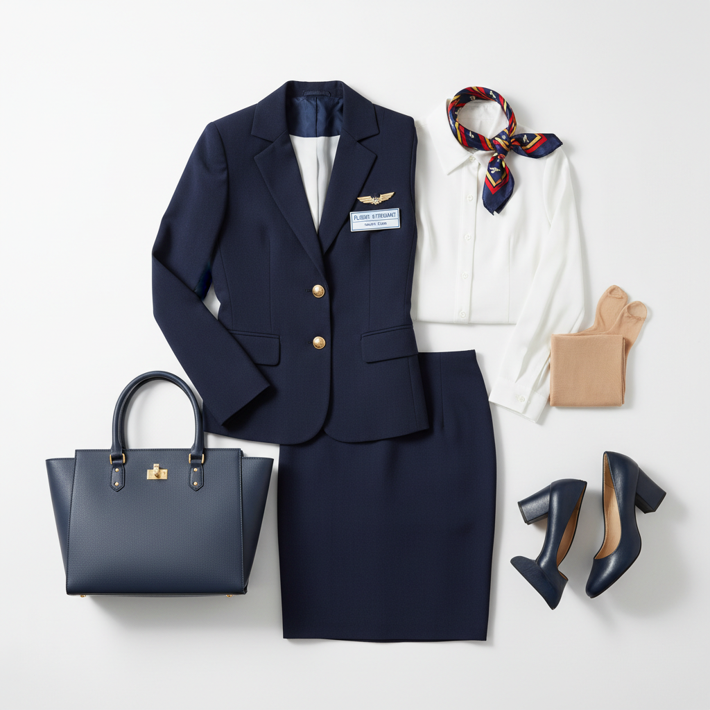 Classic flight attendant inspired outfit with blazer pencil skirt and scarf
