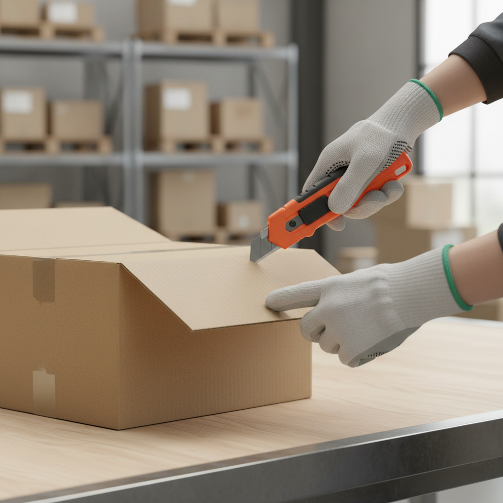Retractable safety box cutter opening a cardboard package on a workbench