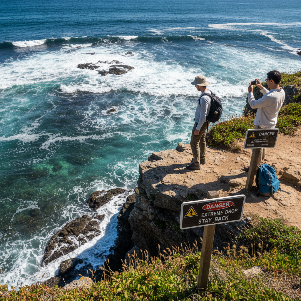 Tourist assessing a cliff jumping spot and water conditions before jumping