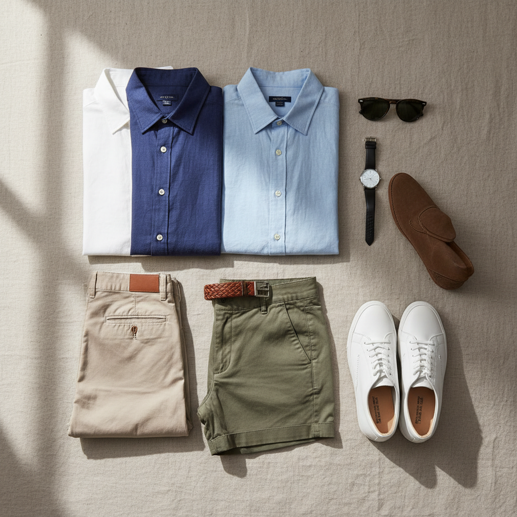 Casual linen shirt capsule outfits laid out with shoes and accessories