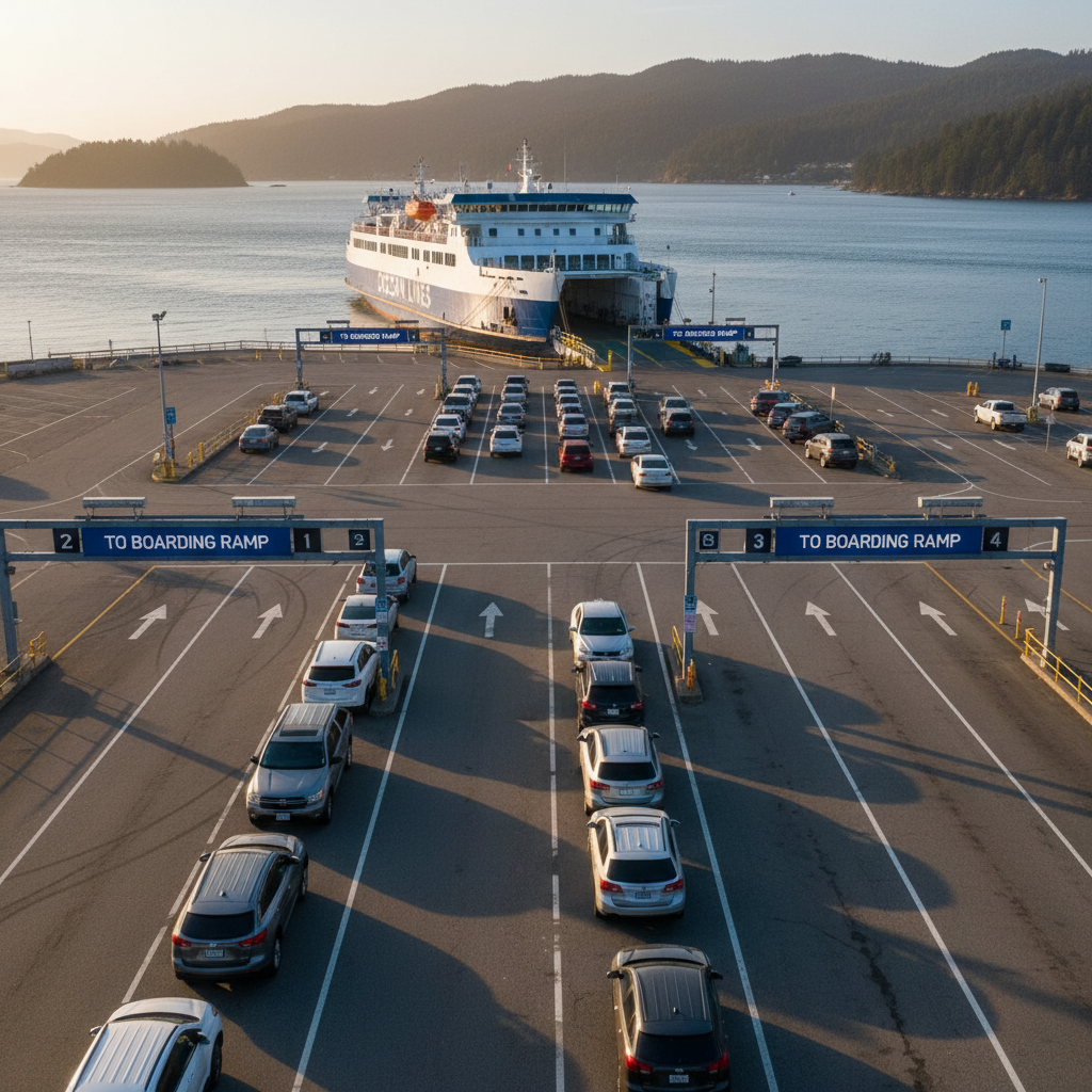 Car lanes and boarding ramps at a ferry terminal for island travel