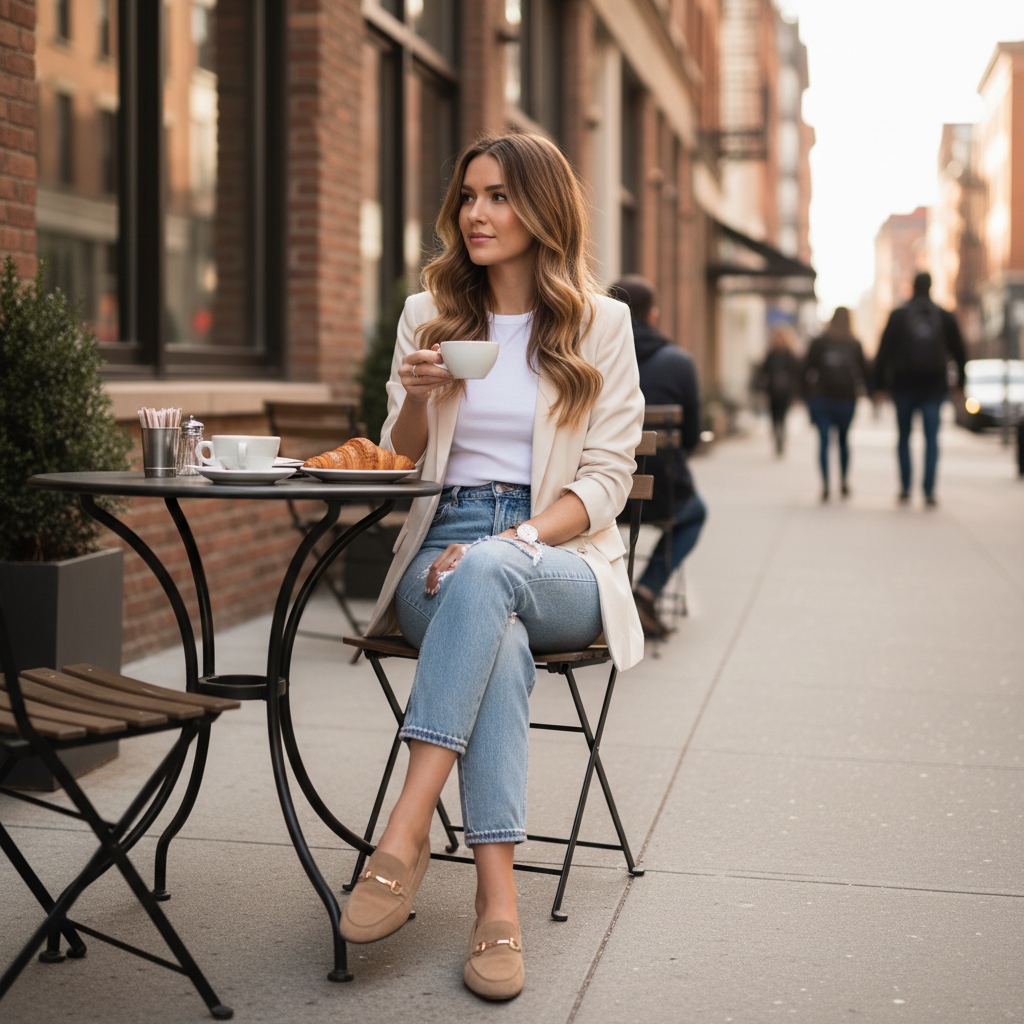 Stylish casual brunch outfit for women at an outdoor cafe