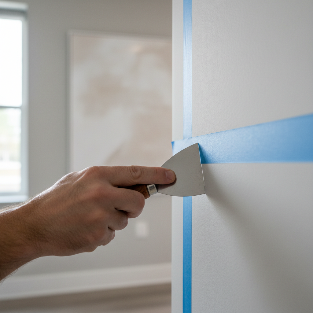 Sealing painters tape edge with a putty knife for clean paint lines