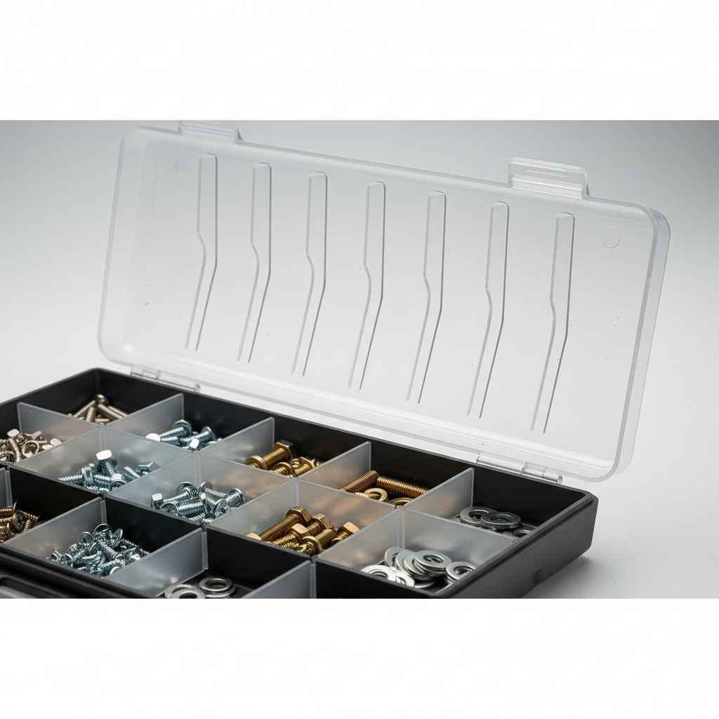 Close-up of organizer tray lid ribs preventing hardware from mixing