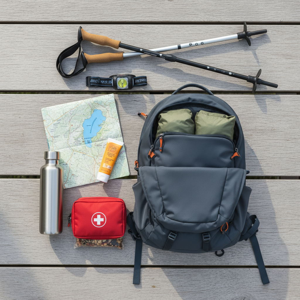 Packed daypack essentials for a mountain lake hike and changing weather