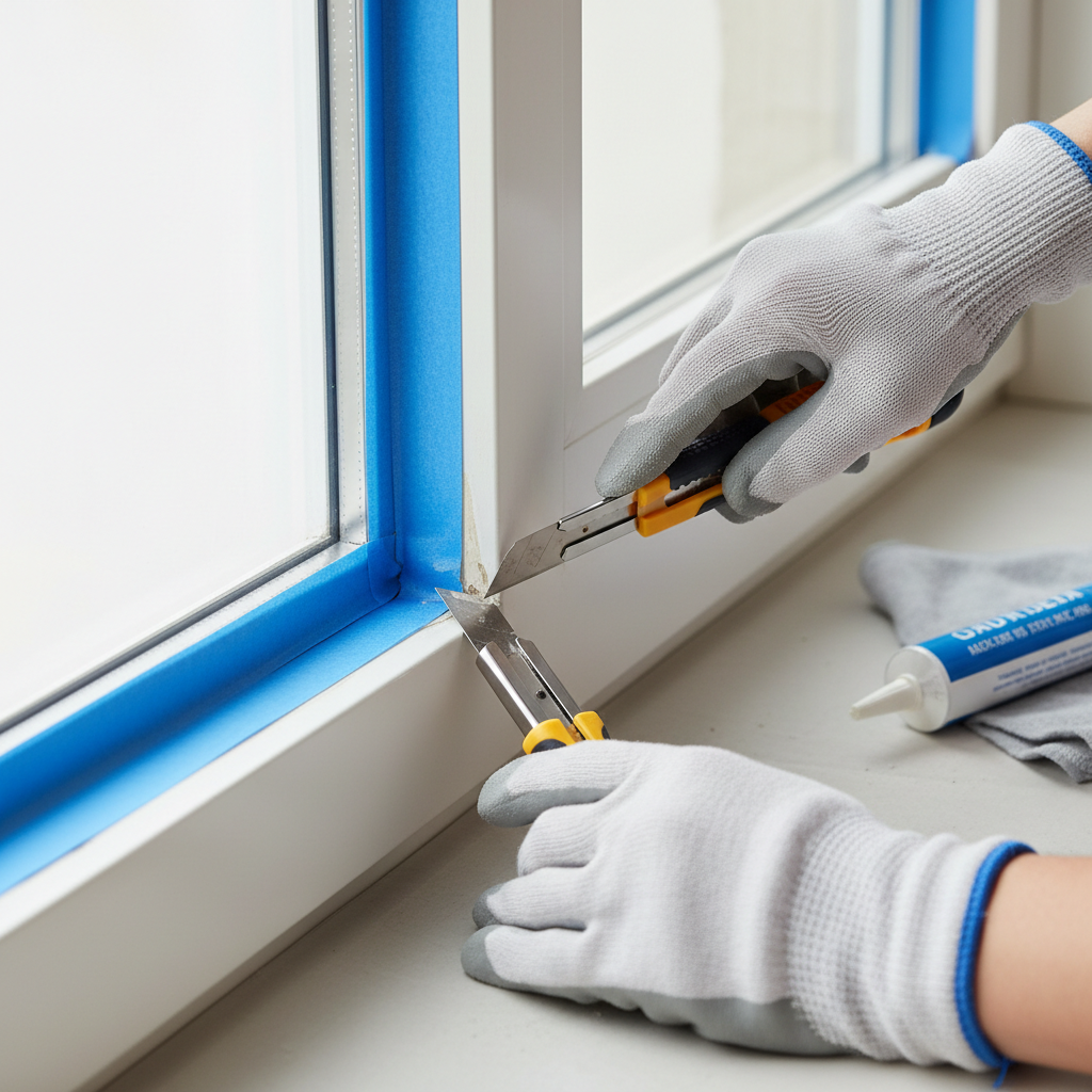 Prep work for caulking: removing old caulk and masking with painter’s tape for clean edges