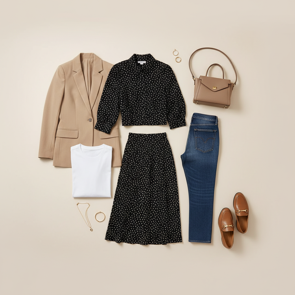 Flat lay of polka dot wardrobe essentials and neutral basics