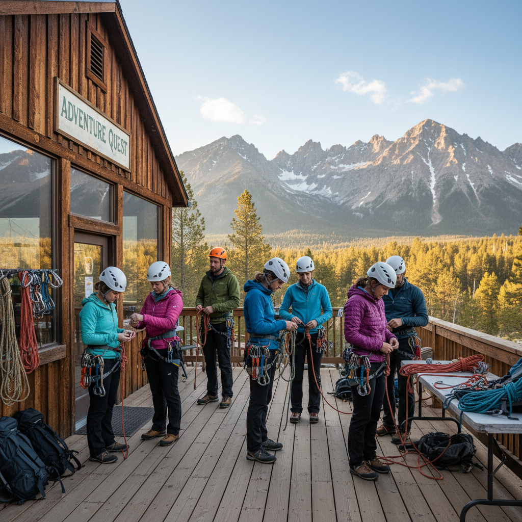 Group preparing helmets and harnesses for adventure travel activities