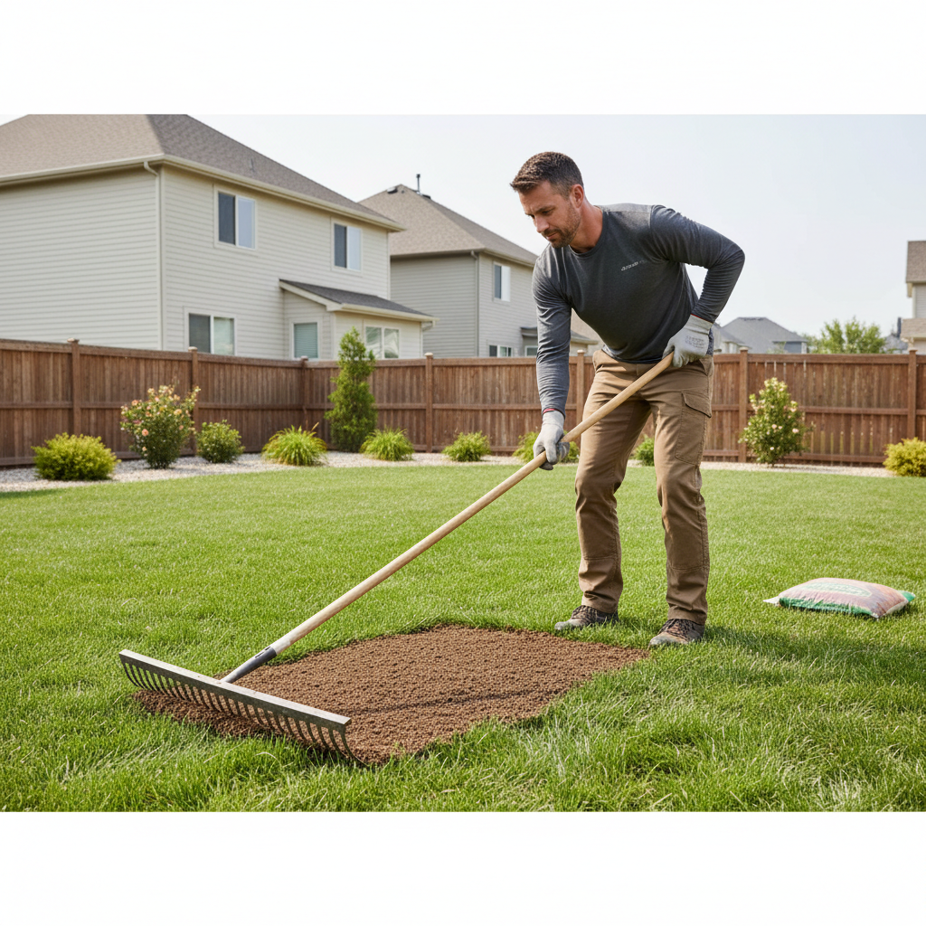 Homeowner using proper stance with a metal bow rake to level topdressing on lawn