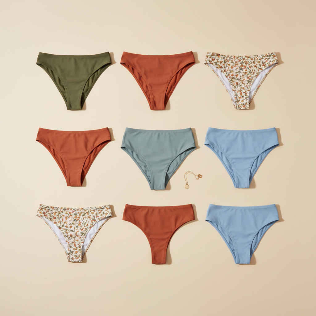 Flat lay of high waisted bikini bottoms in different cuts and coverage options
