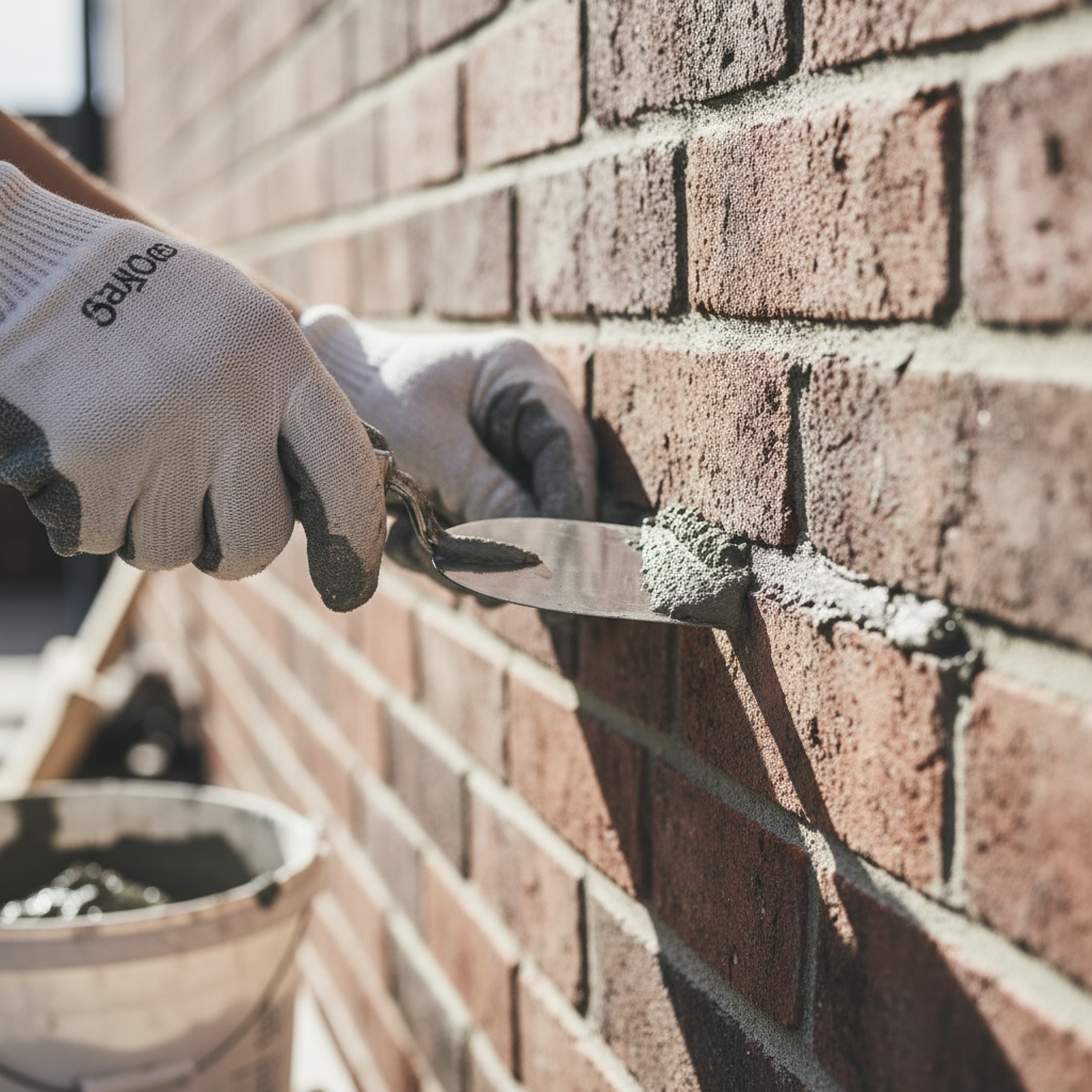Small mortar pointing trowel placing mortar into narrow brick joints
