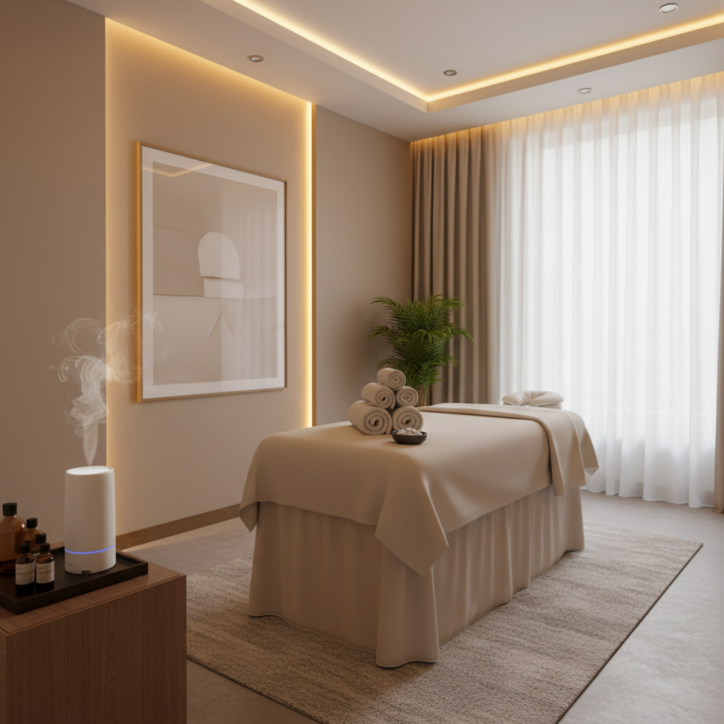 Luxury spa treatment room prepared for massage and aromatherapy