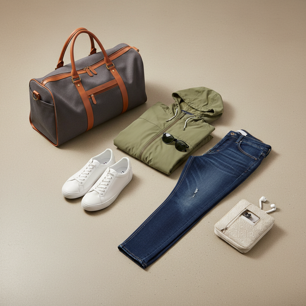 Travel outfit flat lay with weekend bag, sneakers, and jacket