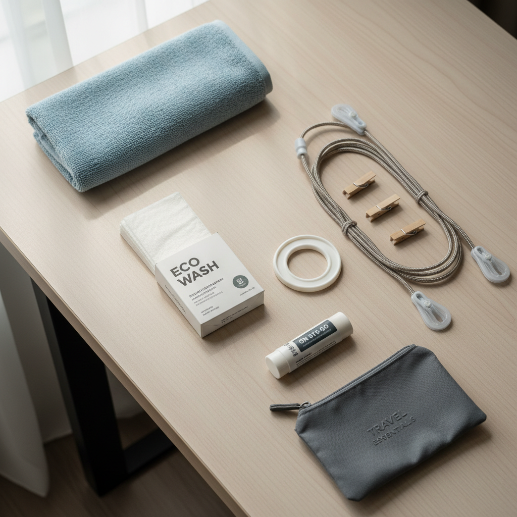 Lightweight travel laundry kit laid out neatly on a hotel desk