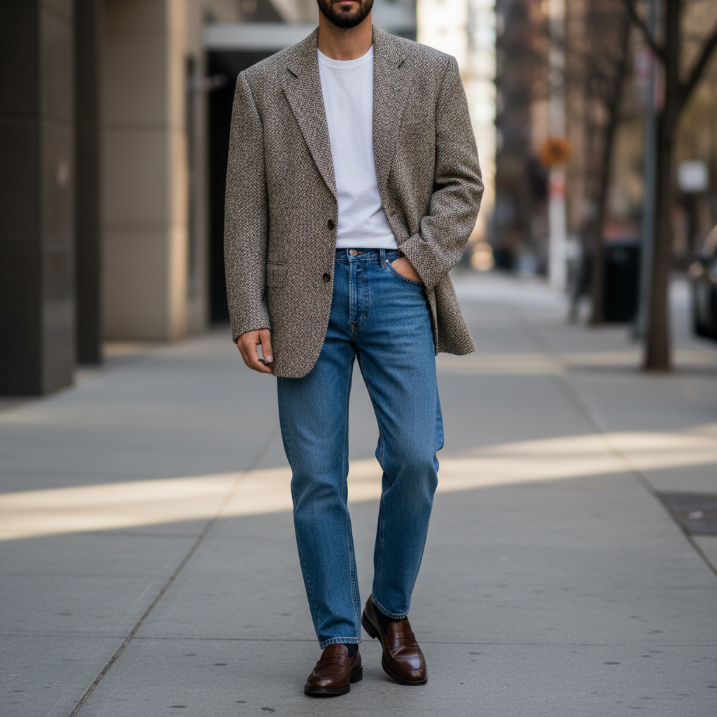 Thrifted blazer and denim outfit formula for secondhand fashion style