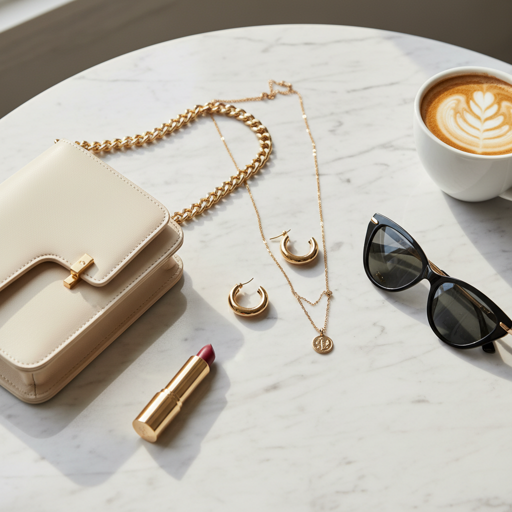Dressy casual brunch accessories including gold jewelry, sunglasses, and structured crossbody bag