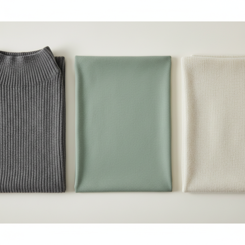 Close-up of mock neck fabric textures for layering: rib knit, smooth jersey, and merino