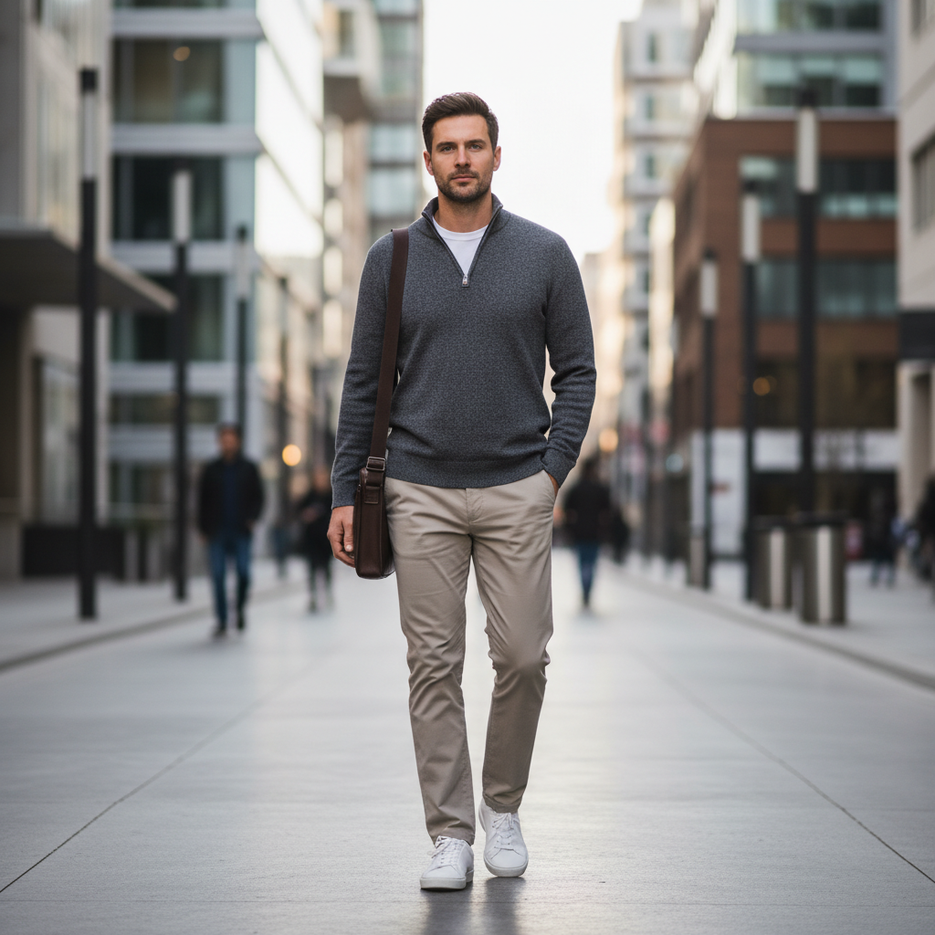 Men wearing a casual quarter zip pullover layered over a T-shirt in a modern city setting