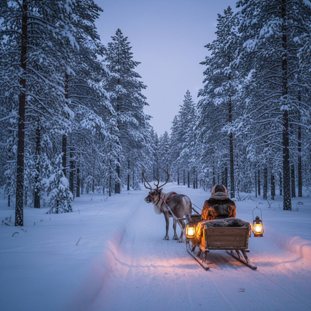 Reindeer sleigh ride at twilight in a snowy forest