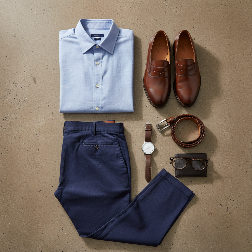 Flat lay of men business casual essentials: chinos, oxford shirt, loafers, belt